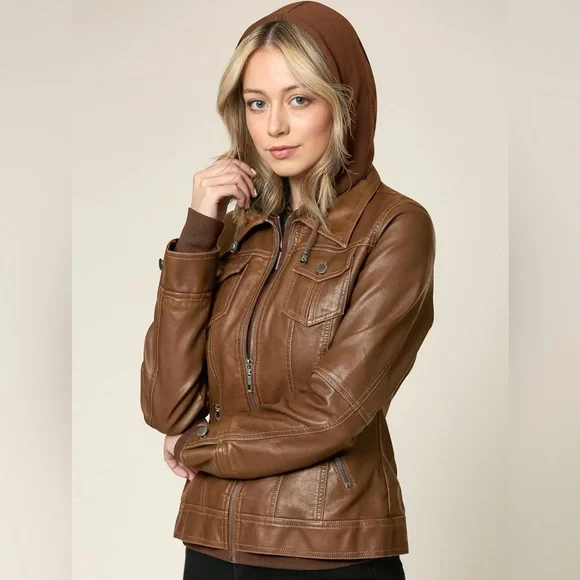 Faux Leather Jacket Women Motorcycle Coat for Biker with Removable Hood -camel - Picture 6 of 7